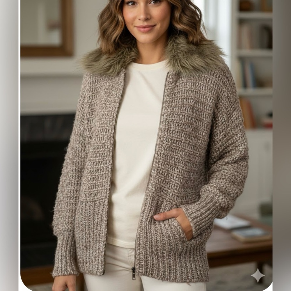 Spiegel Taupe Knit Cardigan with Faux Fur Collar